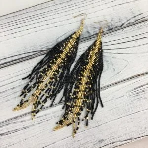 Gold Black Beaded Tassel Earrings