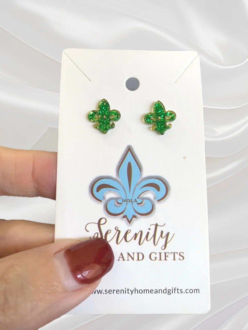 Green Glitter Fleur de Lis Earrings