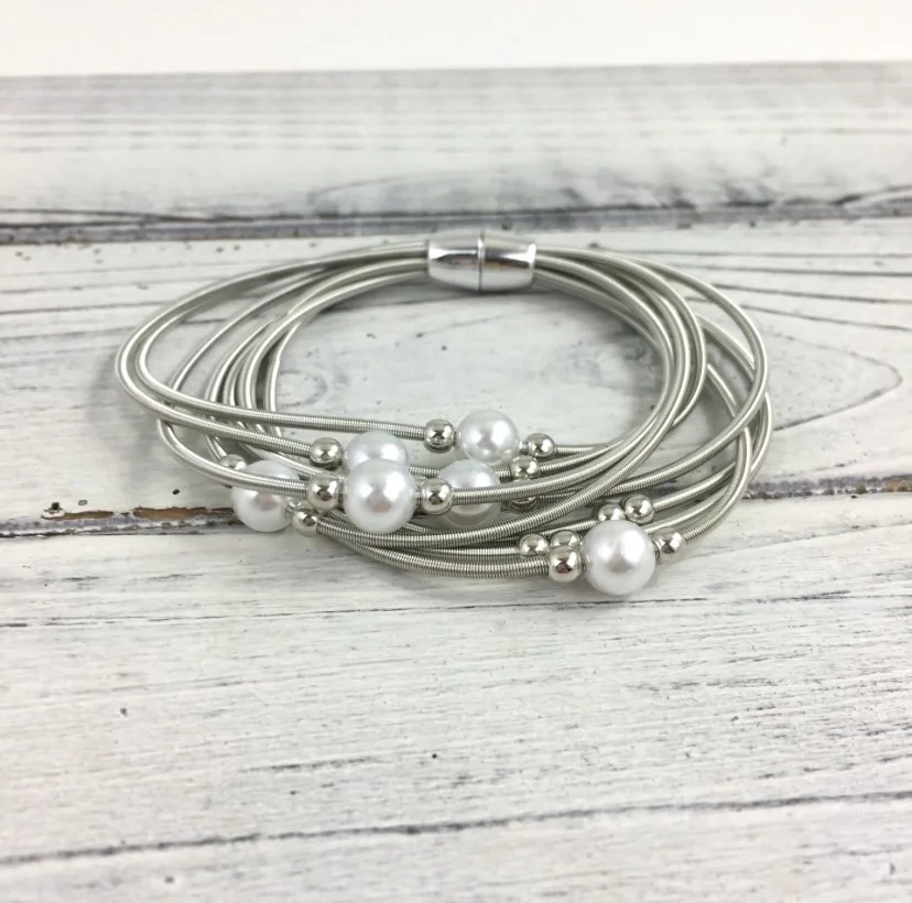 Silver Guitar String & Pearl Bracelet