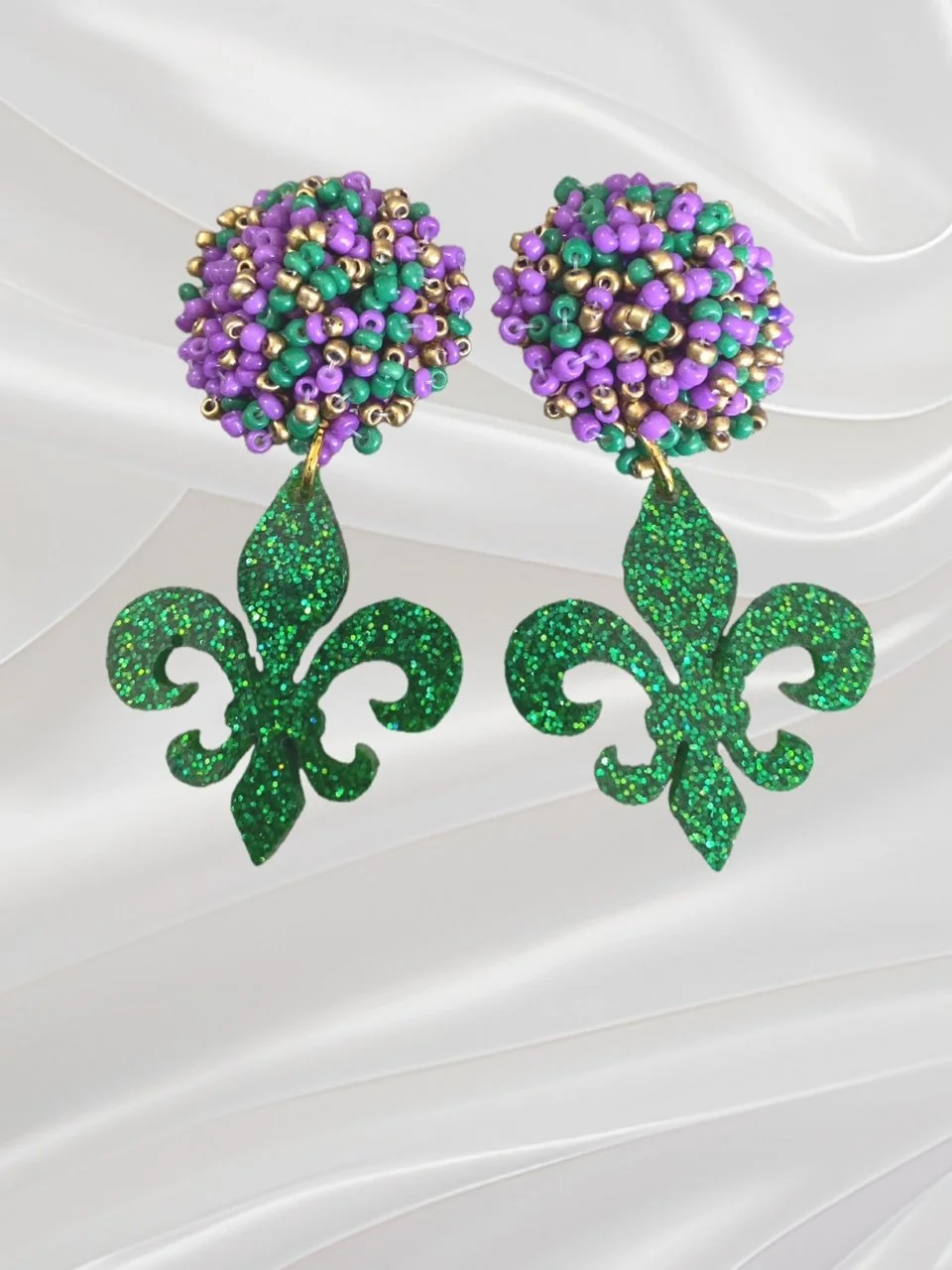 Green Glitter Fleur de Lis Earrings