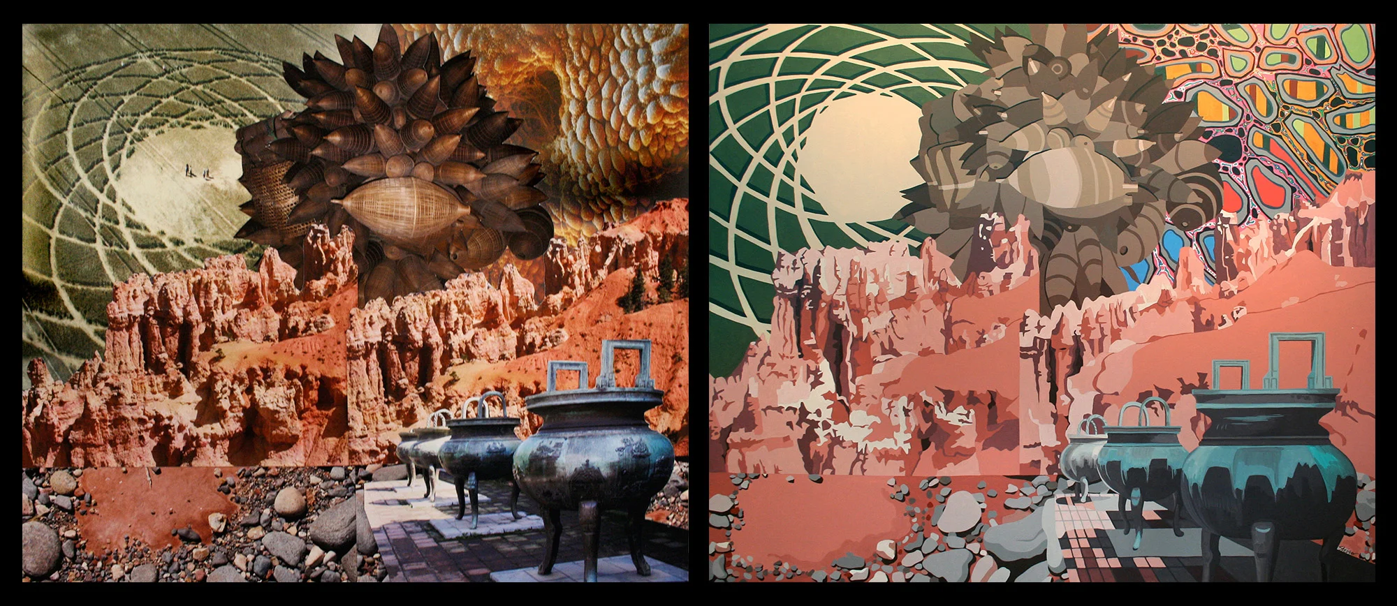 Collision, collage on paper (left) and acrylic on canvas (right)