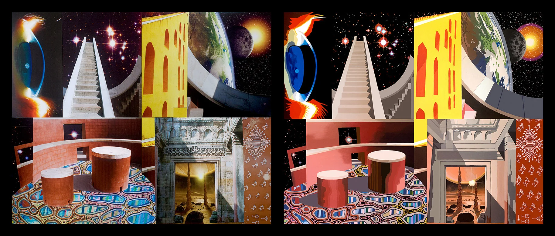 Cosmic Architecture, collage on paper (Left) and acrylic on canvas (Right)