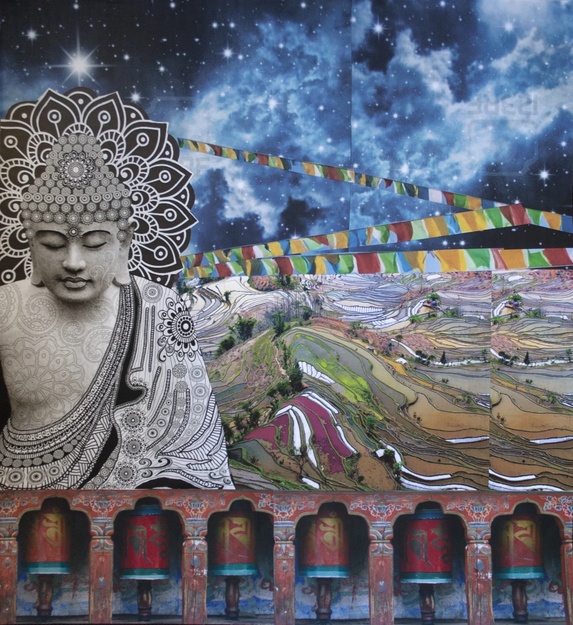 Buddha Amongst the Rice Paddies, collage on paper, 18.5" x 16.5", 2014