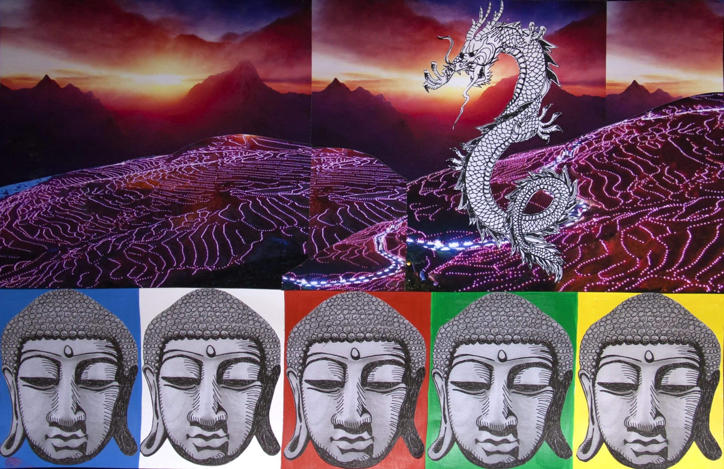 In the Land of the Thunder Dragon, collage on paper, 16" x 24", 2014