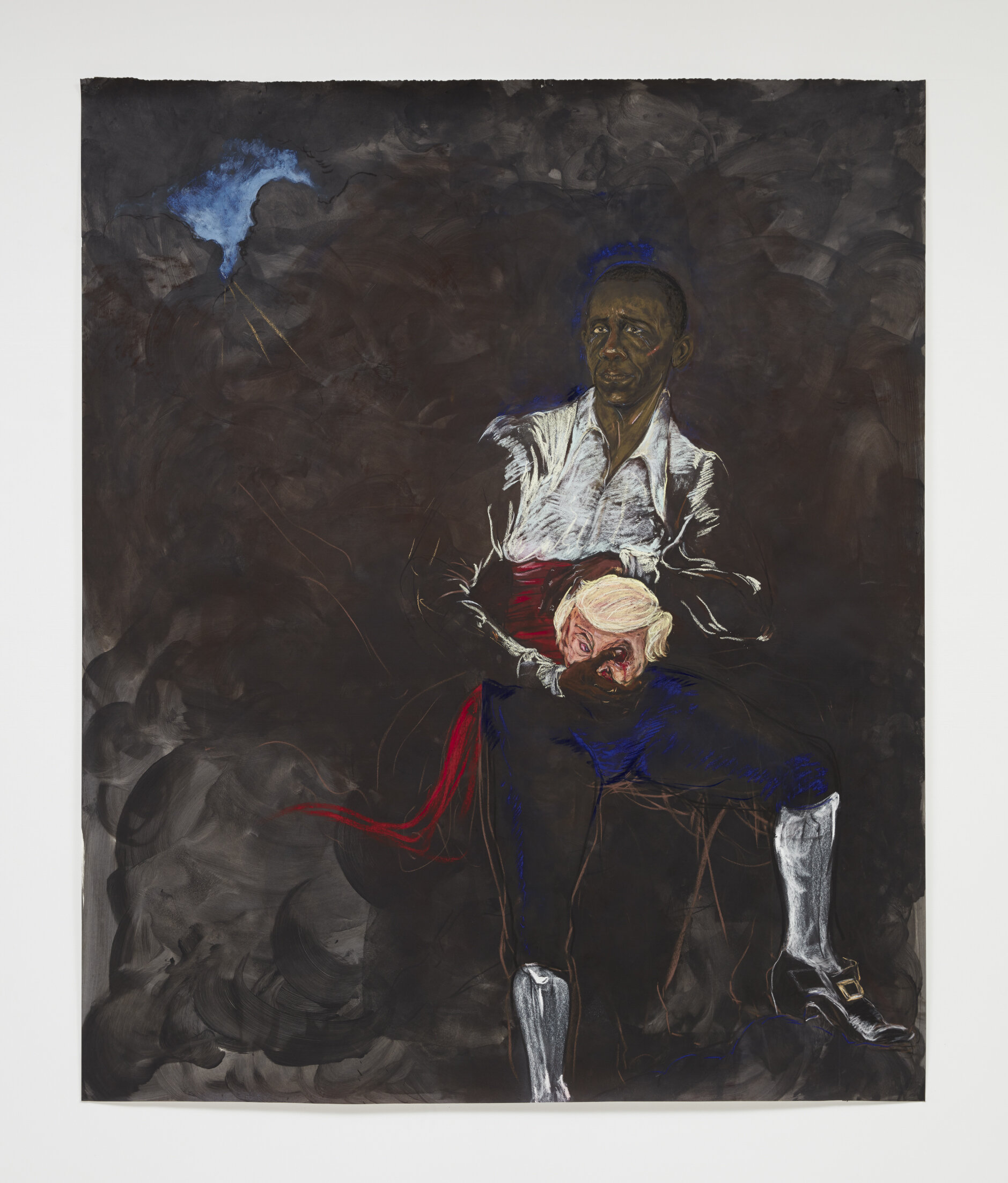   Barack Obama as Othello "The Moor" With the Severed Head of Iago in a New and Revised Ending by Kara E. Walker,  2019. Pastel, Conté crayon, charcoal on treated paper. 87.375 x 72 inches. 