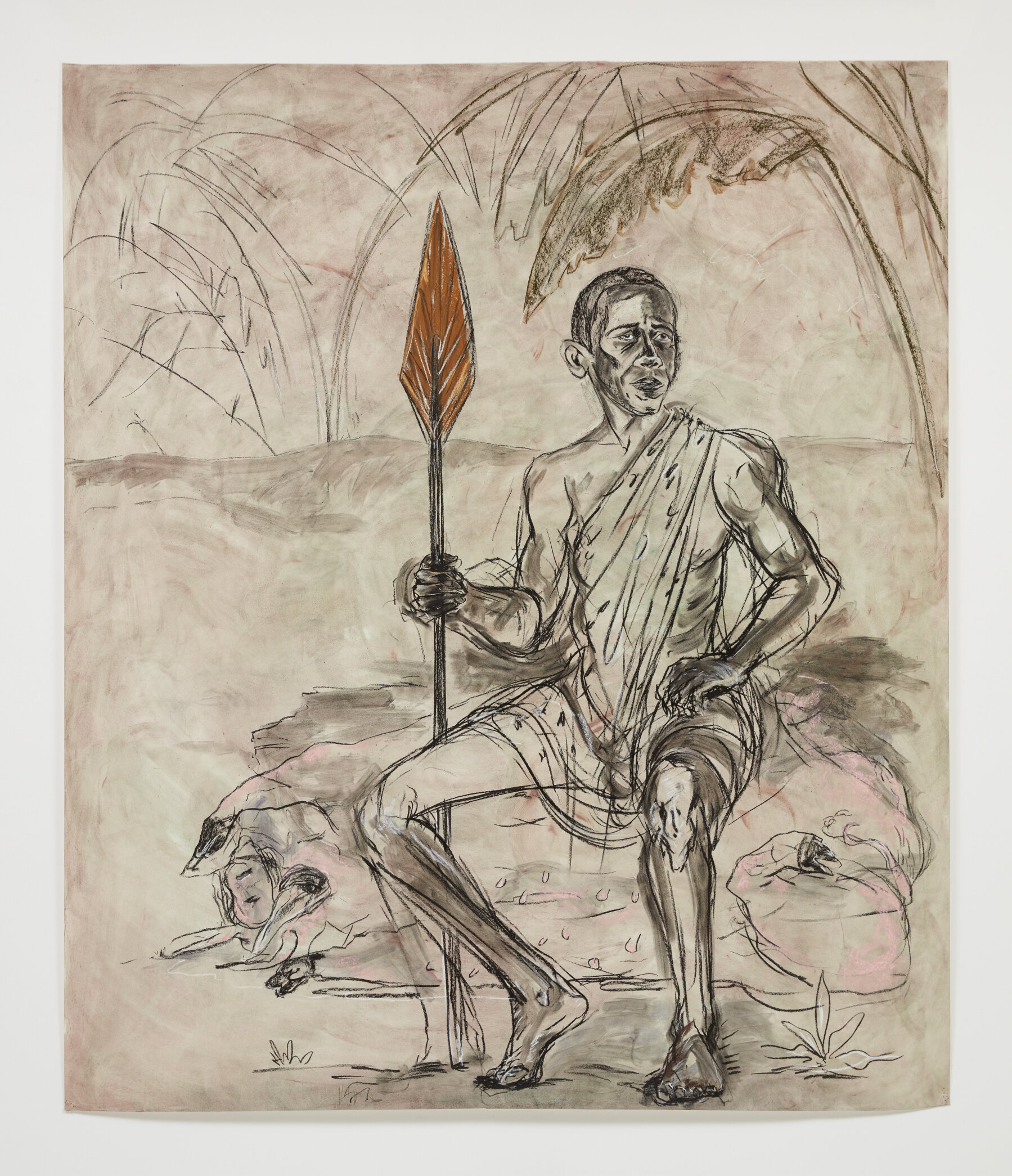   Barack Obama as "An African" With a Fat Pig (by Kara Walker),  2019. Pastel, Conté crayon, charcoal on treated paper. 85.75 x 72 inches. 