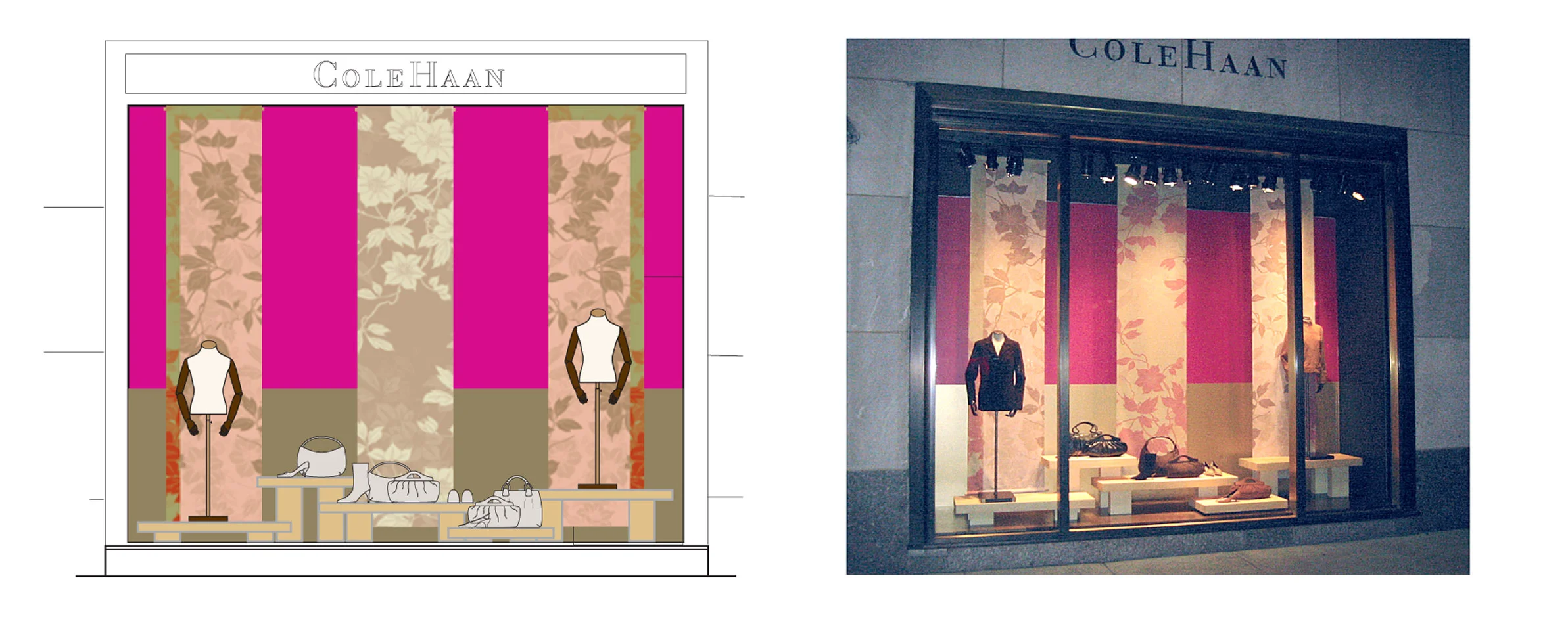 Designed Cole Haan window display. Speced out work with contractor to build display tables and fabric wall hangings. 