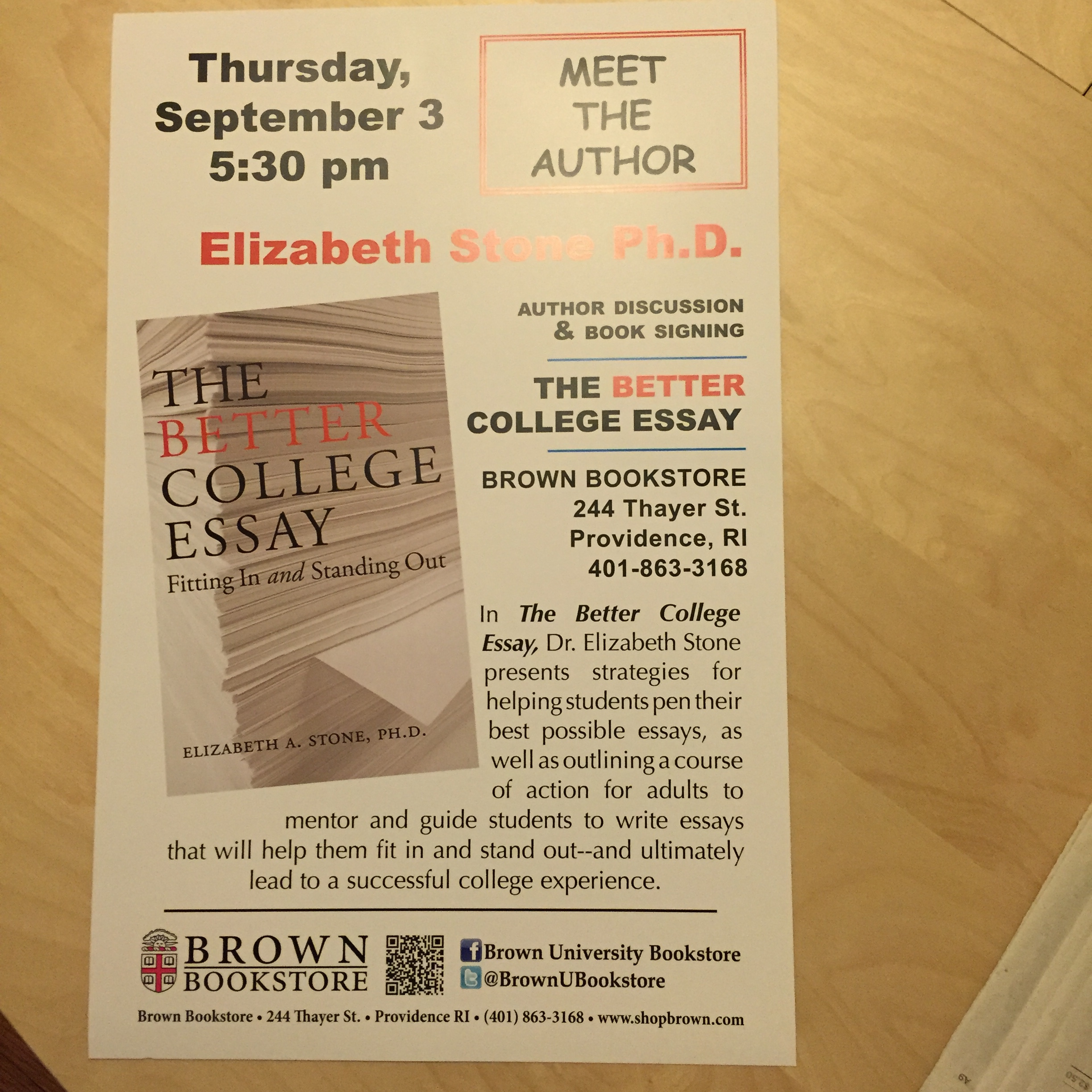 Brown Univ. invites Dr. Stone to speak on The Better College Essay