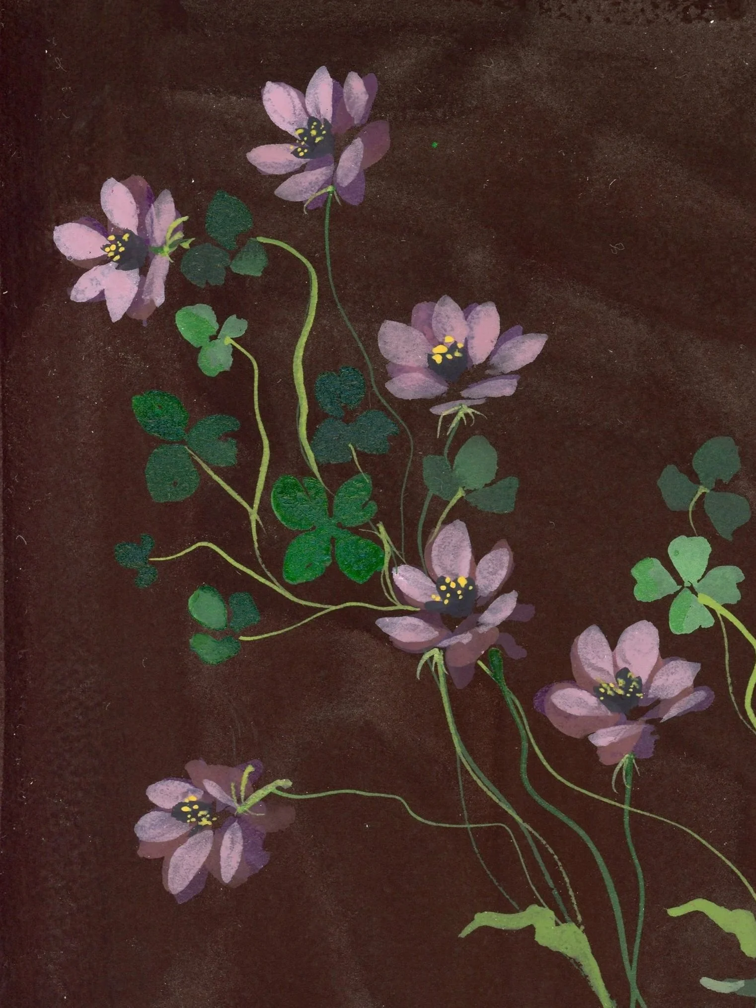 A painting of purple flowers with green leaves and stems on a dark background.