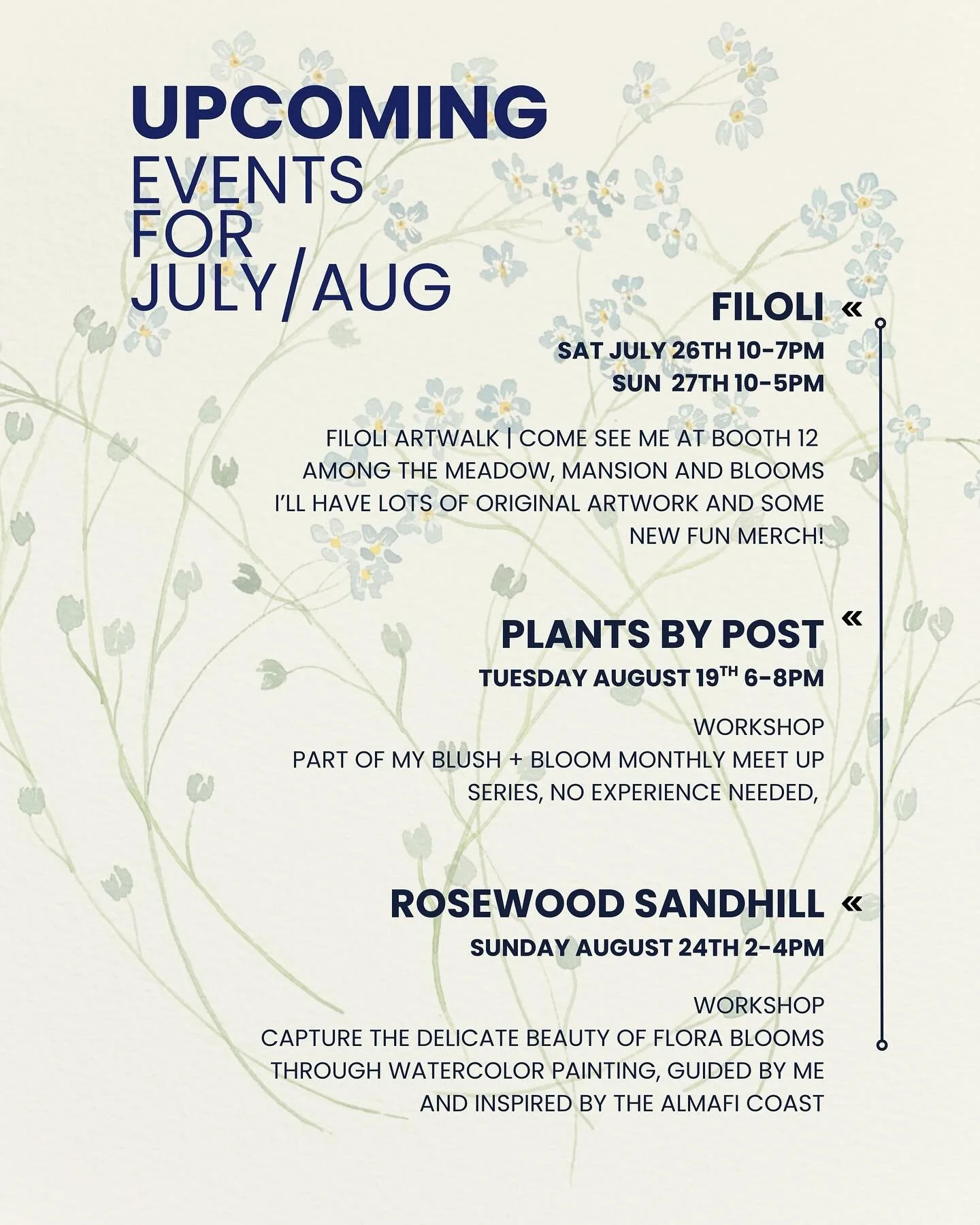 Here&rsquo;s where you can find me this July and August&mdash;

whether you&rsquo;re looking to say hi, buy some original art, ornaments, and other artful gifts or maybe just a quiet moment to paint florals with me.. 

FILOLI ARTWALK
Filoli Historic 