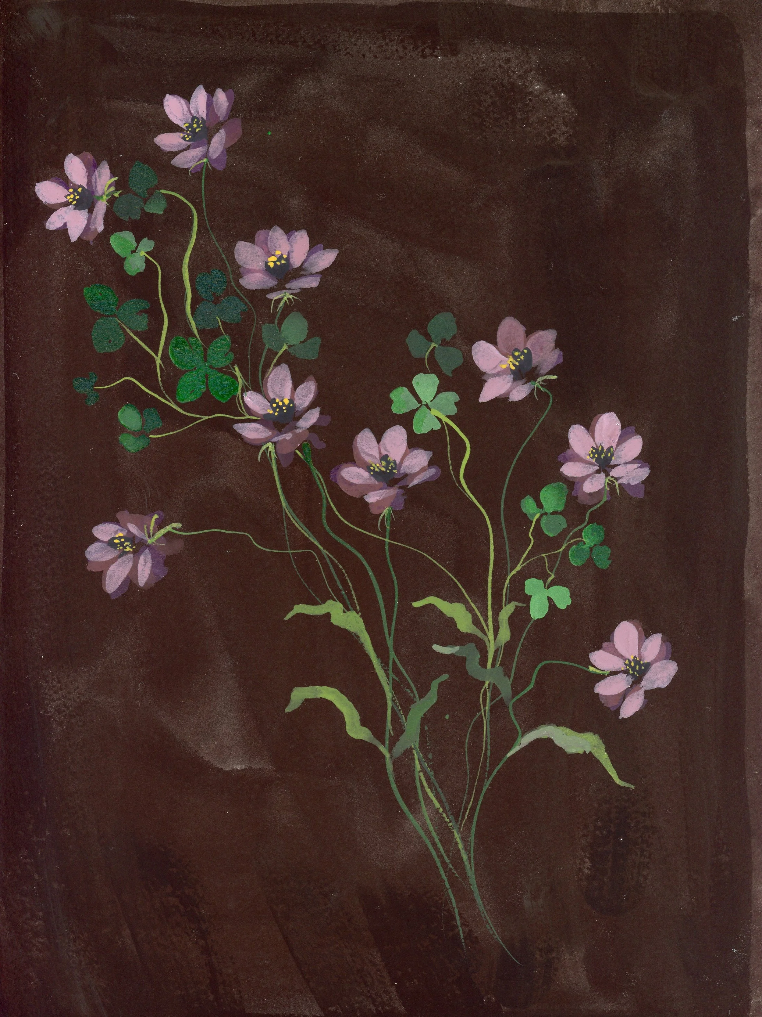 Painting of a flowering vine with purple flowers and green leaves on a dark background.