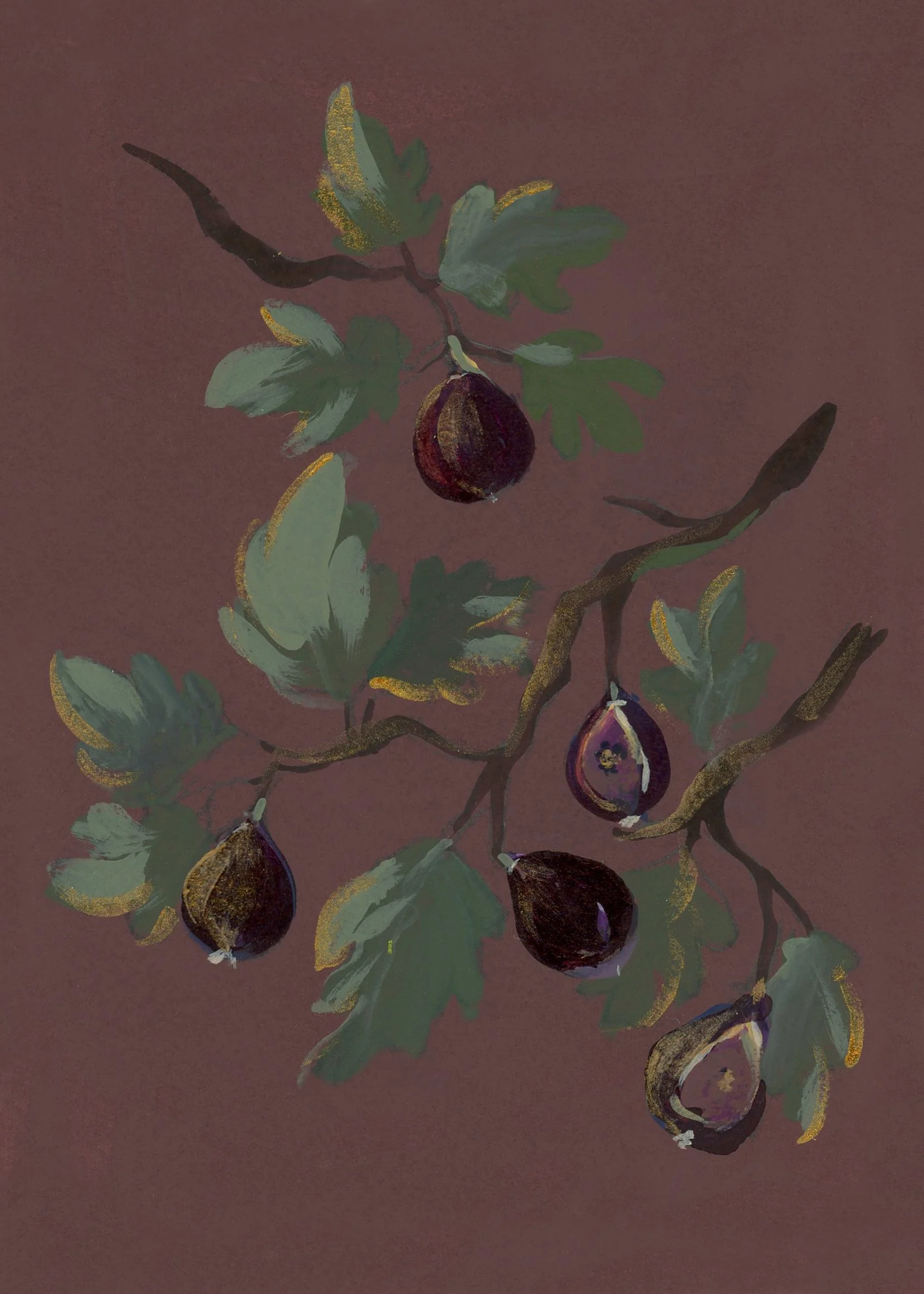 Painting of a fig branch with green leaves and ripe figs against a brown background.