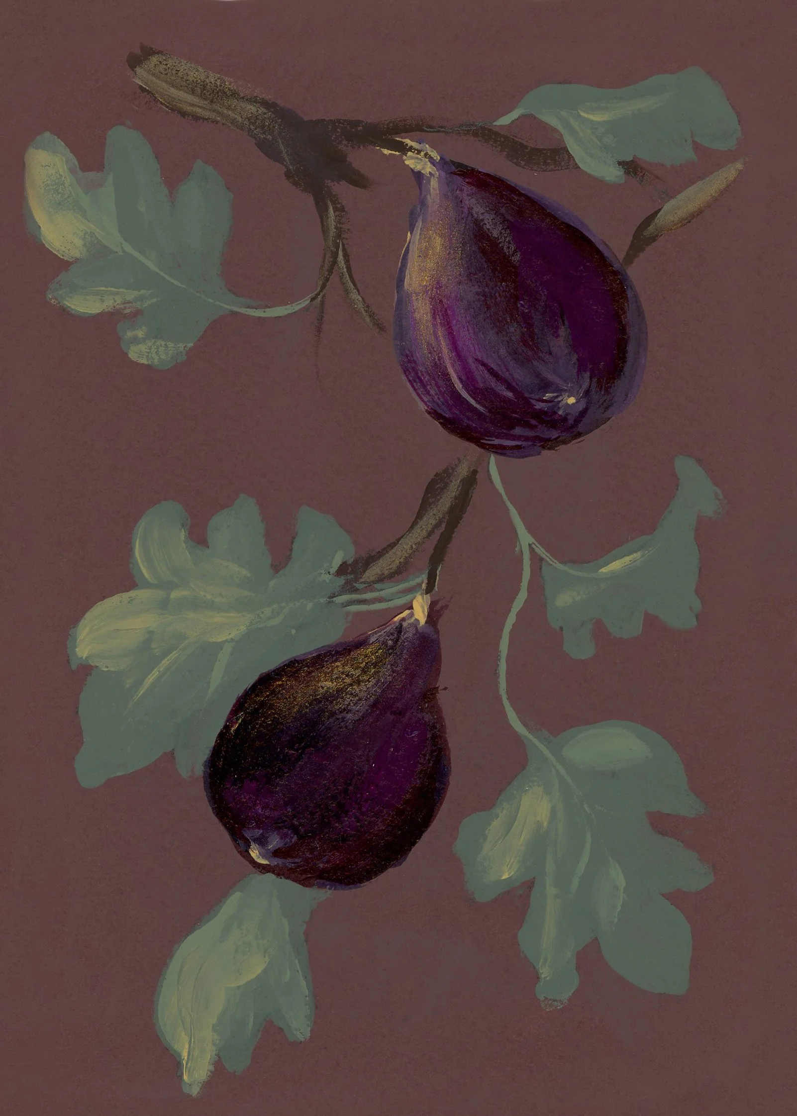 Painting of two figs hanging from a branch with green leaves, on a brown background.