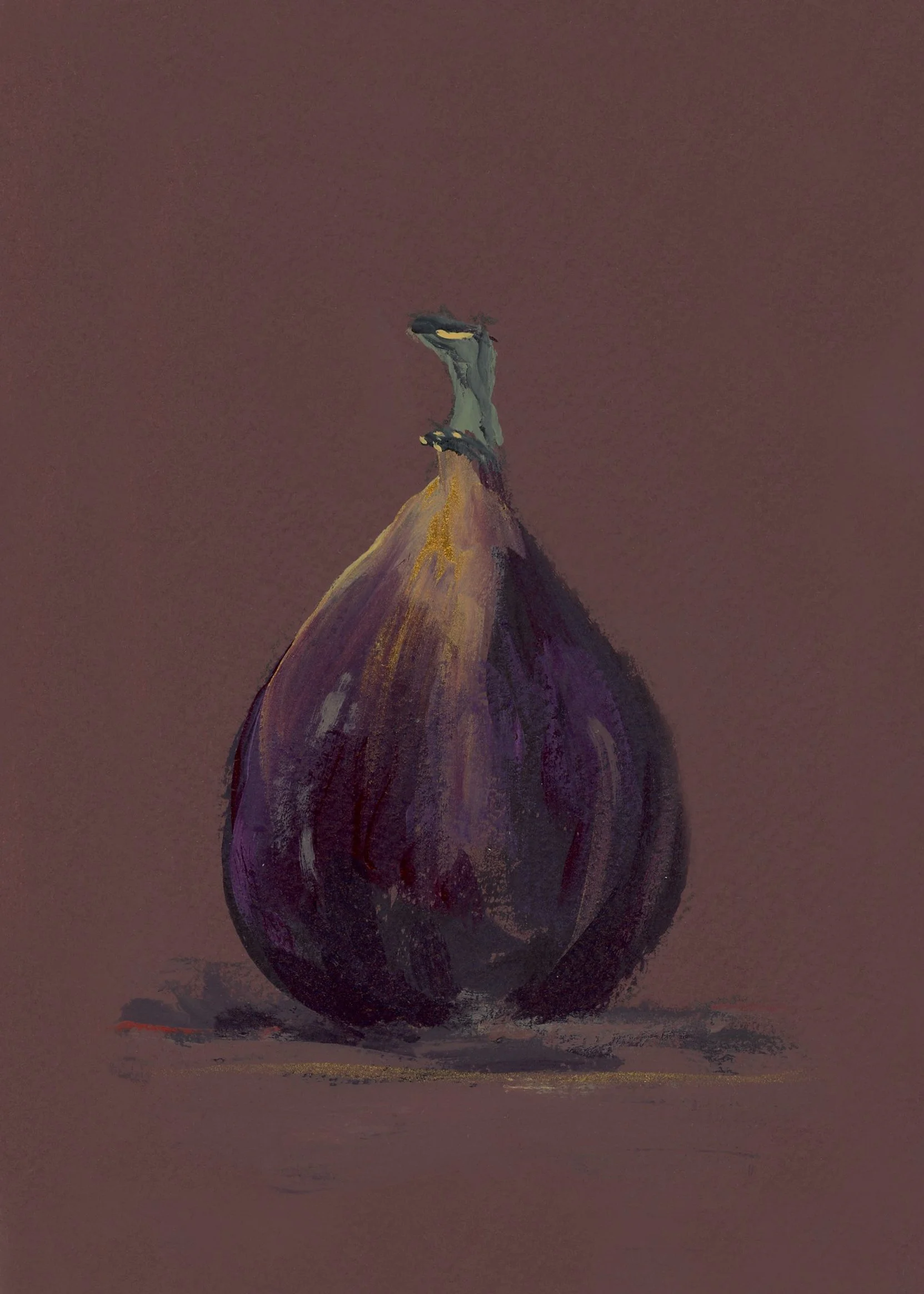 Painting of a fig with a goat's head and two small goats on top of the fig, done in an abstract style with muted colors.