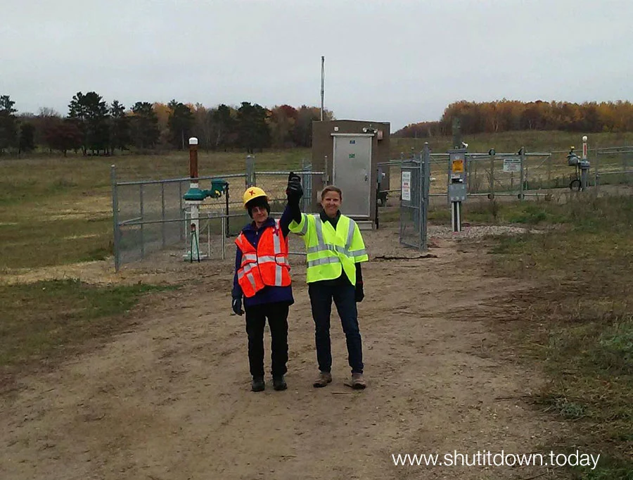Annette and Emily after shutting down Enbridge's line 4 and 67, which bring over a million barrels of tar sands into the US every day.