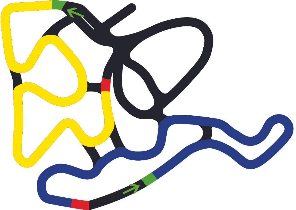 LAYOUT 1 Two courses, yellow and blue. Green arrow = Staging lanes Green box = Start line Red box = Finish line