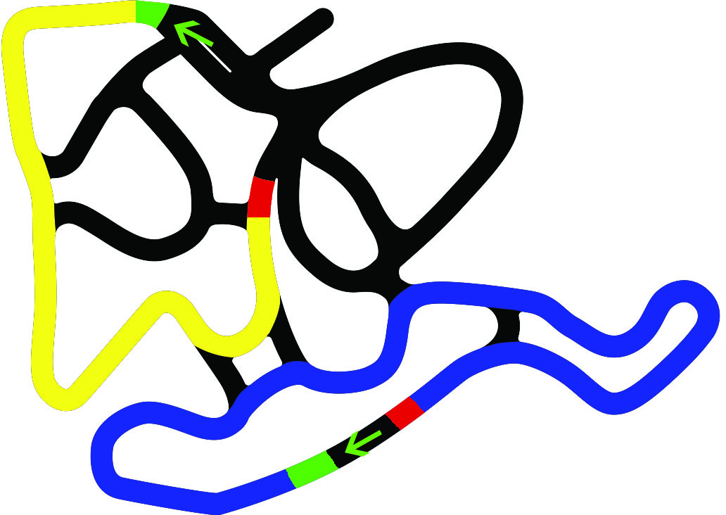 LAYOUT 4 Two courses, yellow and blue. Green arrow = Staging lane Green box = Start line Red box = Finish line