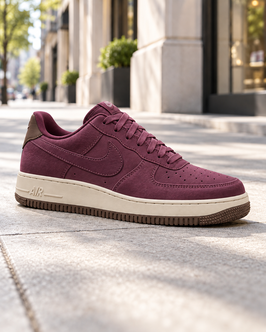 Plum Suede Sneaker on City Sidewalk.png