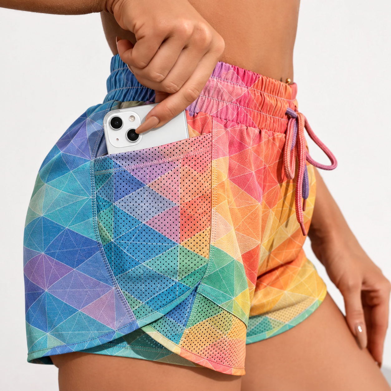 Colorful Geometric Running Shorts with Phone Pocket.png