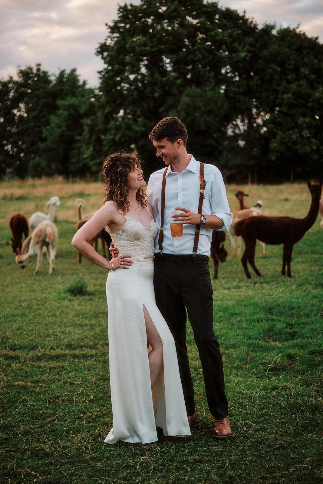 A couple dressed in wedding attire standing in a grassy field, smiling at each other, with llamas in the background and trees under a cloudy sky.
