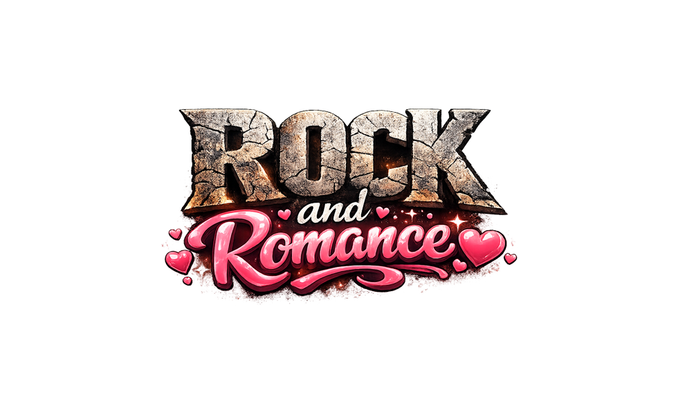 Text logo reading "Rock and Romance" with a rugged stone texture for "Rock" and a pink, cursive font with hearts and sparkles for "Romance".