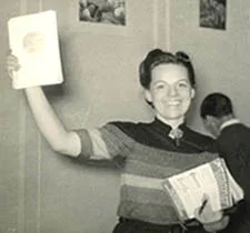 Myrtle holding up an issue of Voice of the Imagi-Nation. Image courtesy: Zinewiki