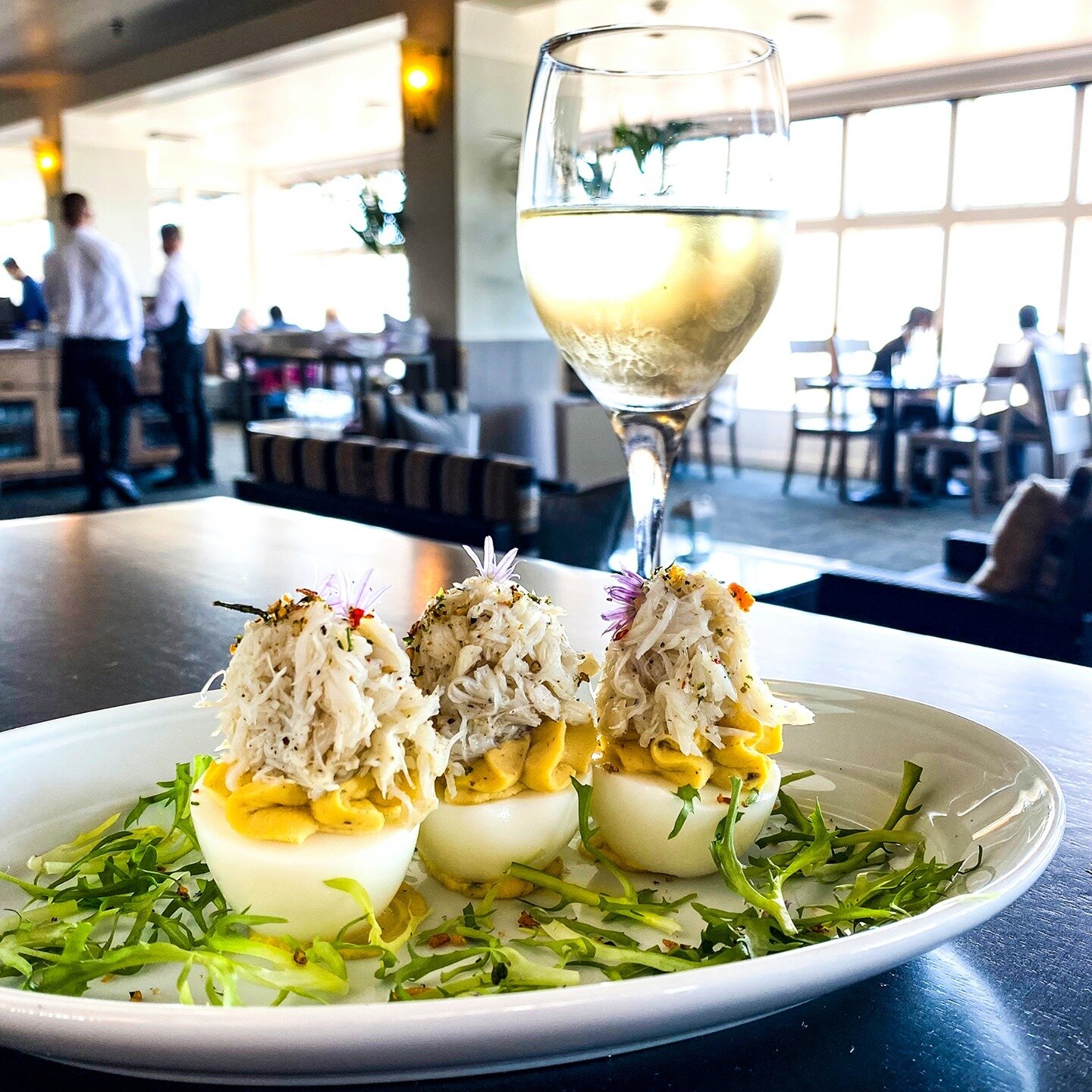🦀Seafood Deviled Eggs.🥚
 Elegantly delicious.

The Beach Chalet is Open Daily. If you haven't visited since our remodel...join us. We think you will be pleasantly surprised. 
Walk in or reservations.