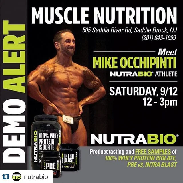 ‼️NutraBio Demo Alert‼️ Come by @musclenutrition_saddlebrook in NJ this Saturday from 12-3pm. Sample #NutraBio #PRE, #INTRABLAST, #WheyProteinIsolate and more! I will be there to talk supps and answer any fitness/nutrition questions you may have. #WI