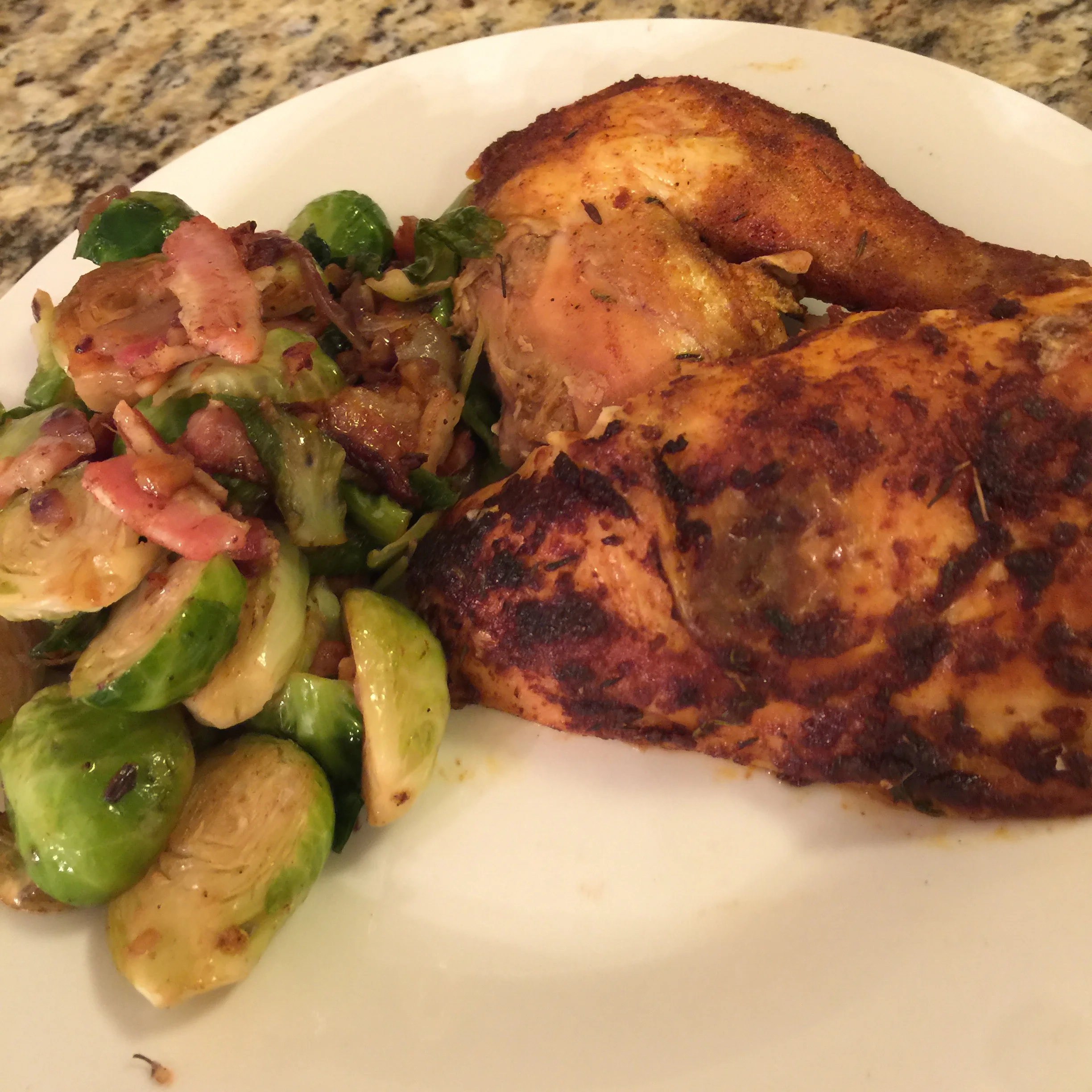 Simple Spiced Roasted Chicken with Bacon Brussels Sprouts