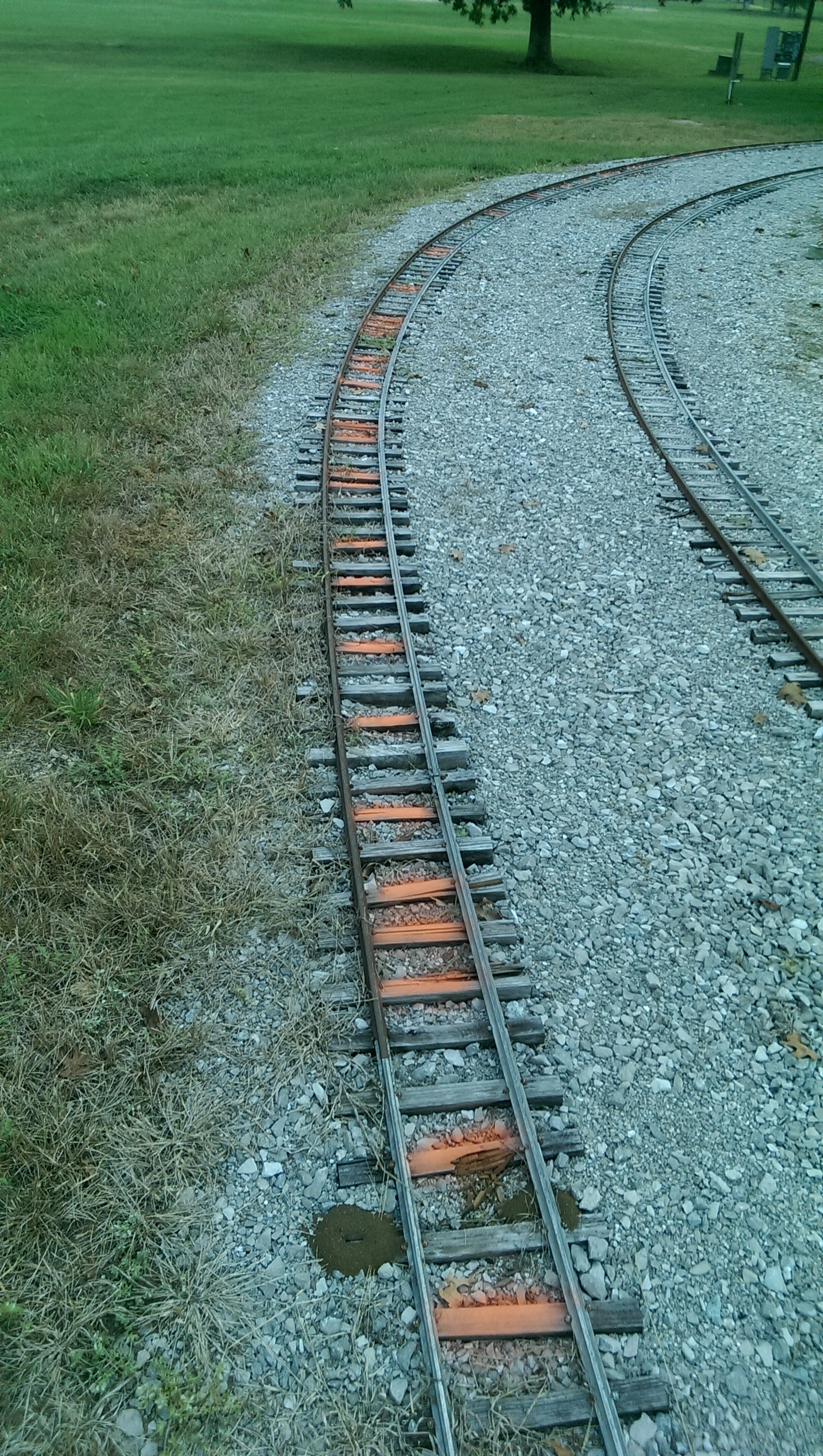 Currently, work is being done to replace the ties on the Upper Loop section just before the high bridge. The ties marked in orange were in very bad shape so the entire section is being replaced. There is also some heat expansion issues to correct.