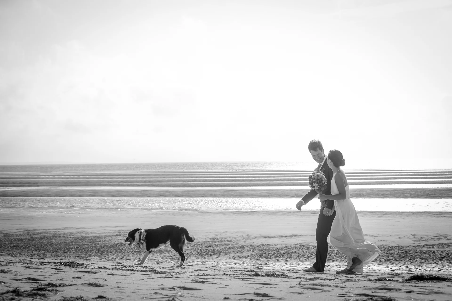 The bride and groom take a leisurely stroll on their way to the ceremony with their dog