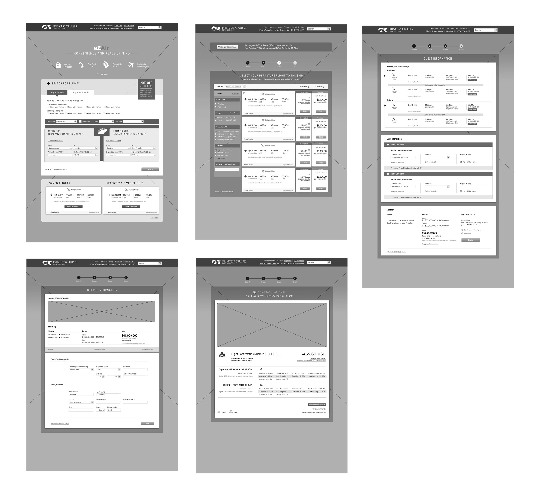 Wireframes with first ideas on how to organize content on each page