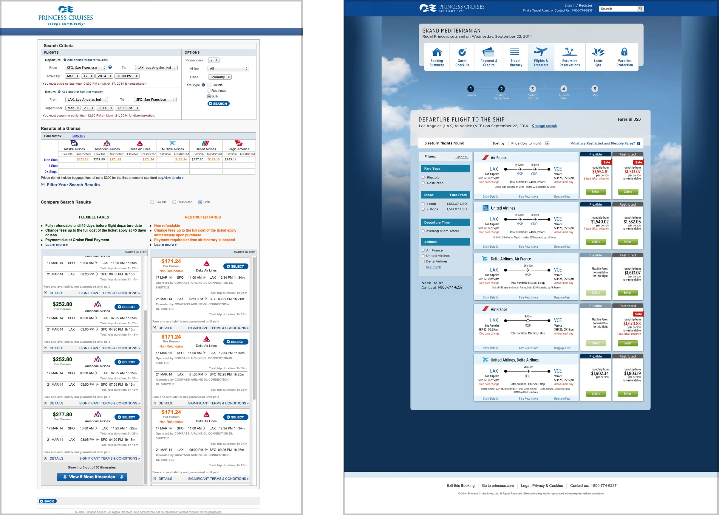 Old versus New 1- New design shows itinerary in graphical form making it faster to identify in a glance, number of stops, departure city and arrival city. In the previous version, the user would have to read the text to get the information. 2- New design shows filters on the left side where users expect to see them, resulting in less cognitive friction.