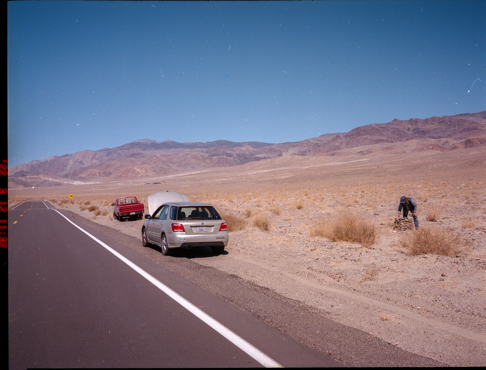  On the drive back from Zabriskie Point, I hit an empty stretch of highway and thought to see how fast my car could go. The RPMs got really high and then I heard this knocking in the engine. The car drove for another 30 or so miles, just enough to ge