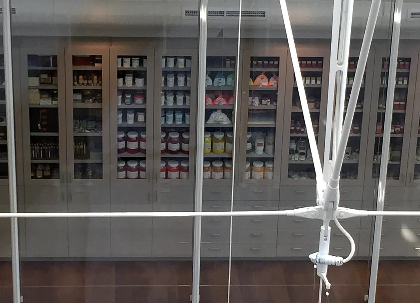 Paint pigment store for use by conservators is on view and forms part of the aesthetic of the museum