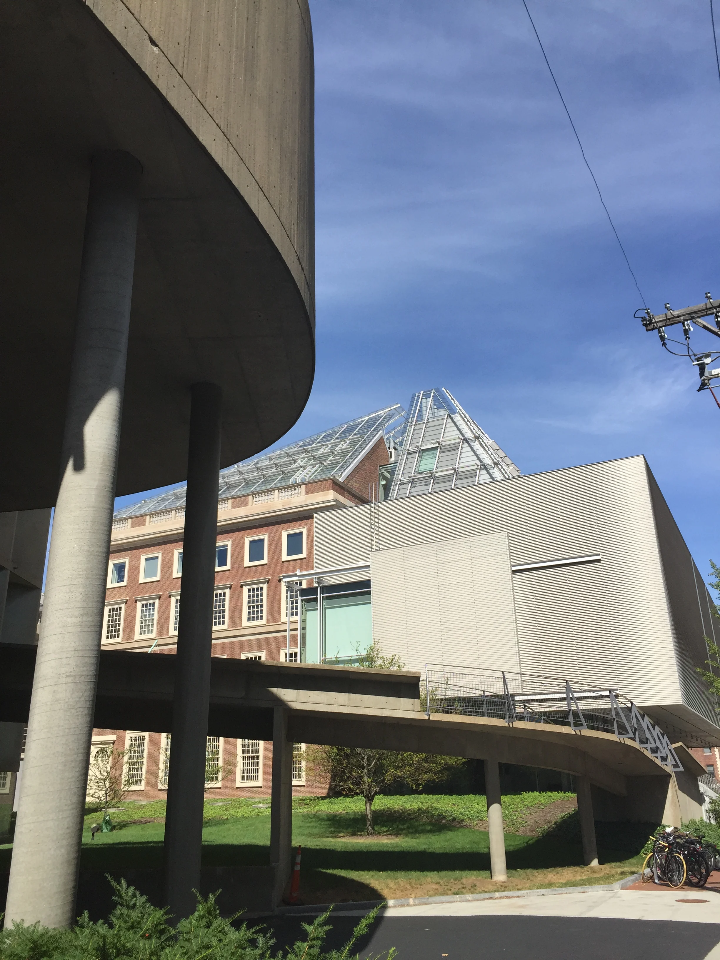 The rear of the original Fogg Museum on Prescott Street has been reinvented with a robust but malleable addition. View from the rear of Le Corbusier's Carpenter Center shows Piano's dexterity with contemporary materials and his playful response to a complex architectural context