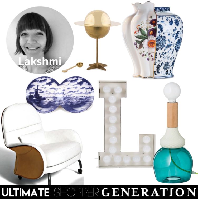 Lakshmi chose a fanciful mix of pieces starting with the Spun brass sugar bowl from the Diesel Cosmic Diner collection for Seletti, the Melania vase from the Hybrid collection from Seletti, a stunning splash of colour with the MRND Maria Teresa lamp as well as the Vegas 'L' both from Seletti, An Iconic Albareta armchair from Depadova and a hint of Holland with the Multidish platter from Seletti
