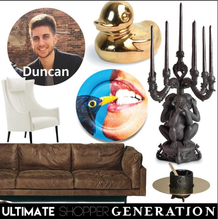 Duncan started his selection with the gold plated Goldies duck from Seletti, a Giant Burlesque monkey candelabra from Seletti, an original take on an espresso cup Cosmic Diner collectio by Diesel for seletti, the ultimate leather Square 16 sofa from De Padova, a timeless classic Tondo armchair also from De Padova, and ended off with a blackbird ceramic plate from the Seletti Wears Toiletpaper collection.