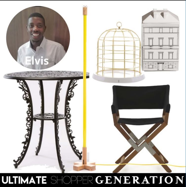 Elvis chose a collection of contemporary pieces; the Twitable cage from Seletti along with the architectural storage jars from the Palazzo dinner service by Seletti, a versatile black Sundance directors indor/outdoor chair from De Padova, the Linea fluorescent lamp from Seletti in a fresh lemon yellow and added a pop of pattern with the Small outdoor table from the Industry Collection by Studio Job for Seletti.