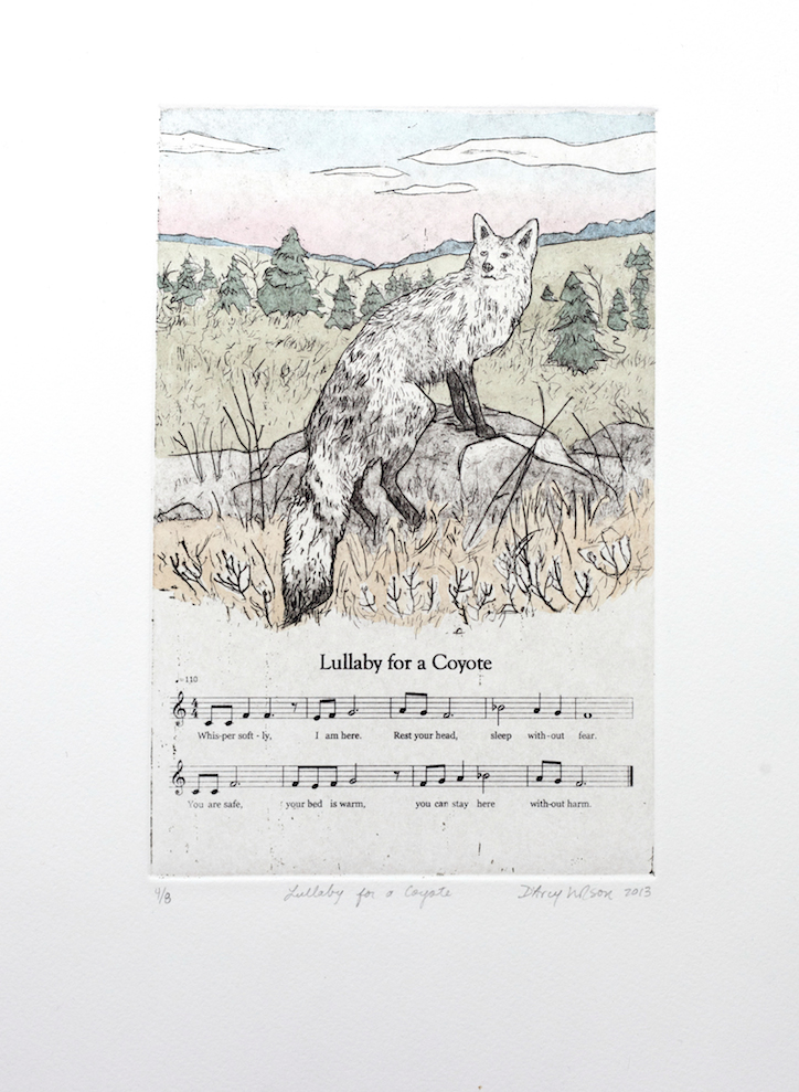 Lullaby for a Coyote, etching, watercolor, and silkscreen on paper, plate dimensions: 6″ x 9″, 2013, 250.00 CAD, SOLD