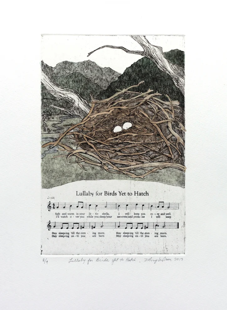 Lullaby for Birds Yet to Hatch, etching, watercolor, and silkscreen on paper, plate dimensions: 6″ x 9″, 2013, 250.00 CAD