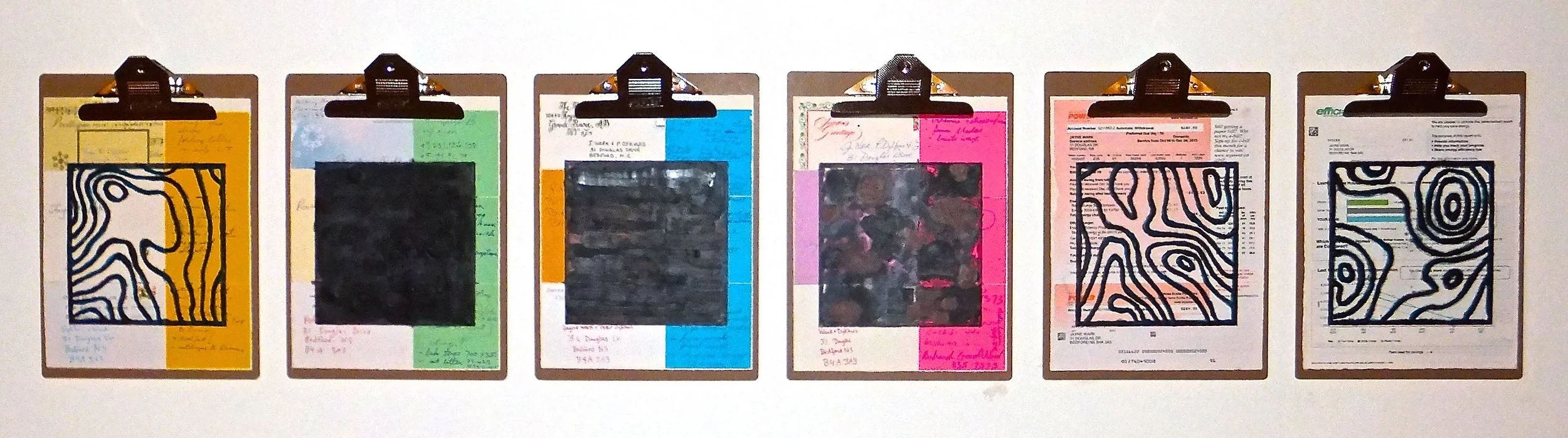 Home Front #2, 2014 encaustic, mixed media collage on paper, mounted on 6 commercial clipboards, 13" × 59", set of clipboards depicted counts as one artwork, 450 CAD