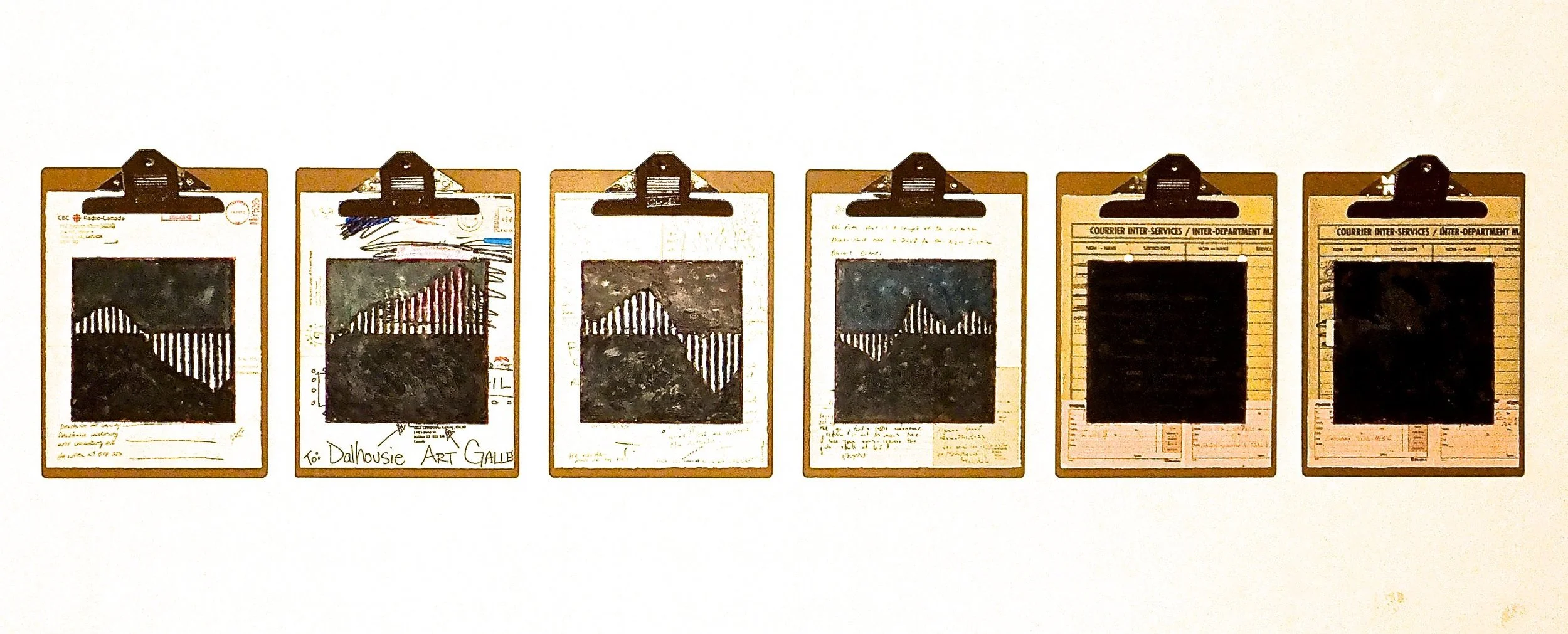 Work Force #2, 2014 encaustic, mixed media collage on paper, mounted on 6 commercial clipboards, 13" × 59", set of clipboards depicted counts as one artwork, 450 CAD