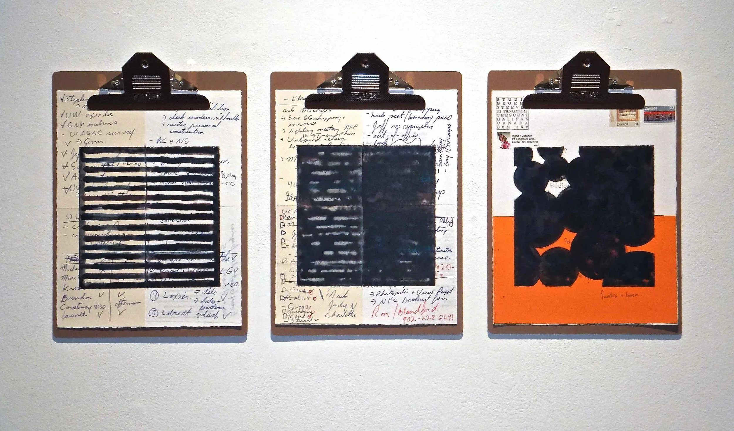 Work Force #3, 2014, encaustic, mixed media collage on paper, mounted on 3 commercial clipboards, 13" × 39", set of clipboards depicted counts as one artwork, 225 CAD