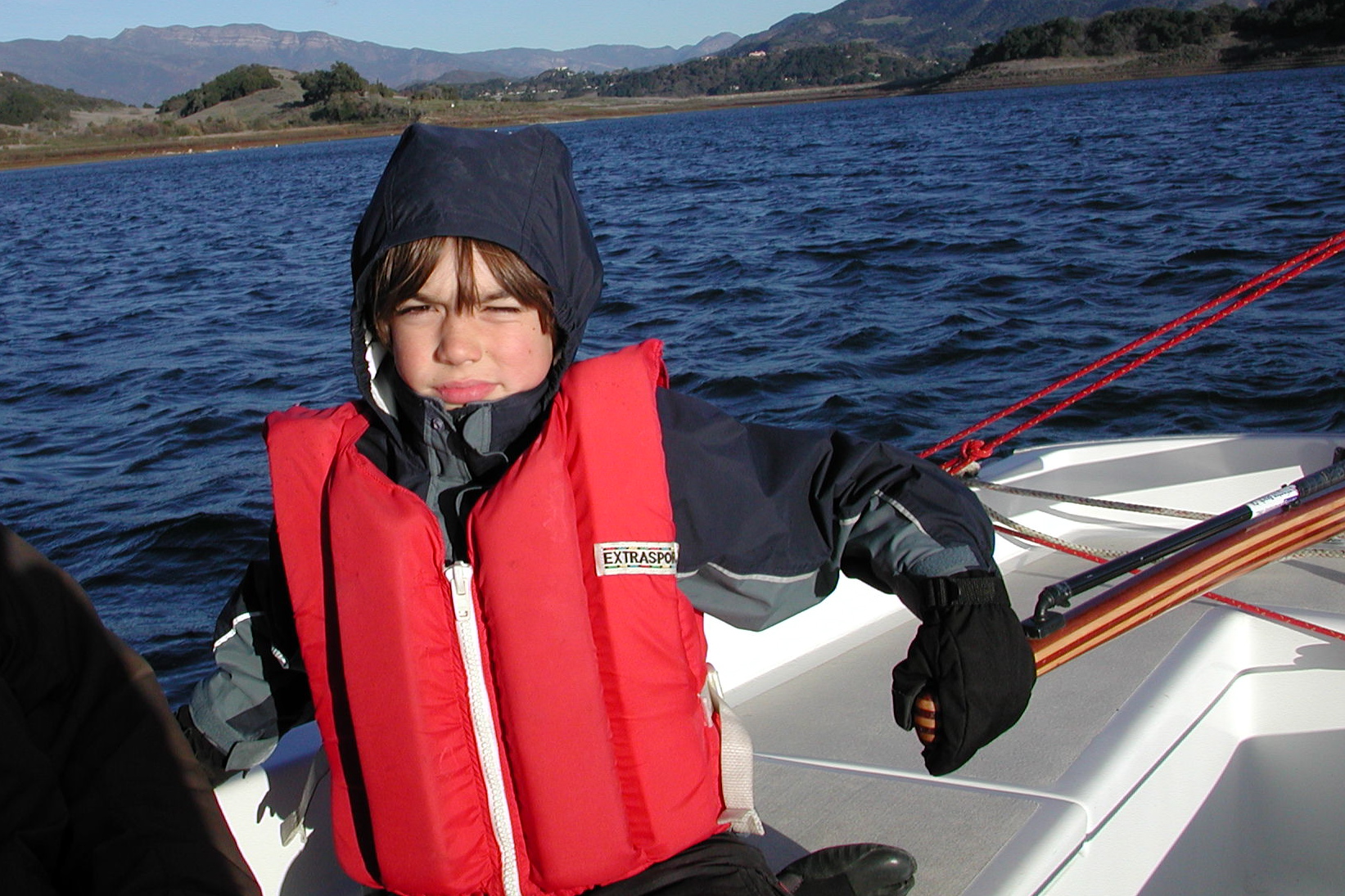 Dane at the helm on the Cal 20 on Lake Casitas