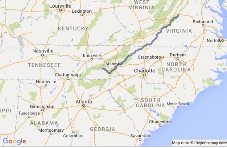 Approximate route of Blue Ridge Parkway, 469 miles through Virginia and North Carolina.