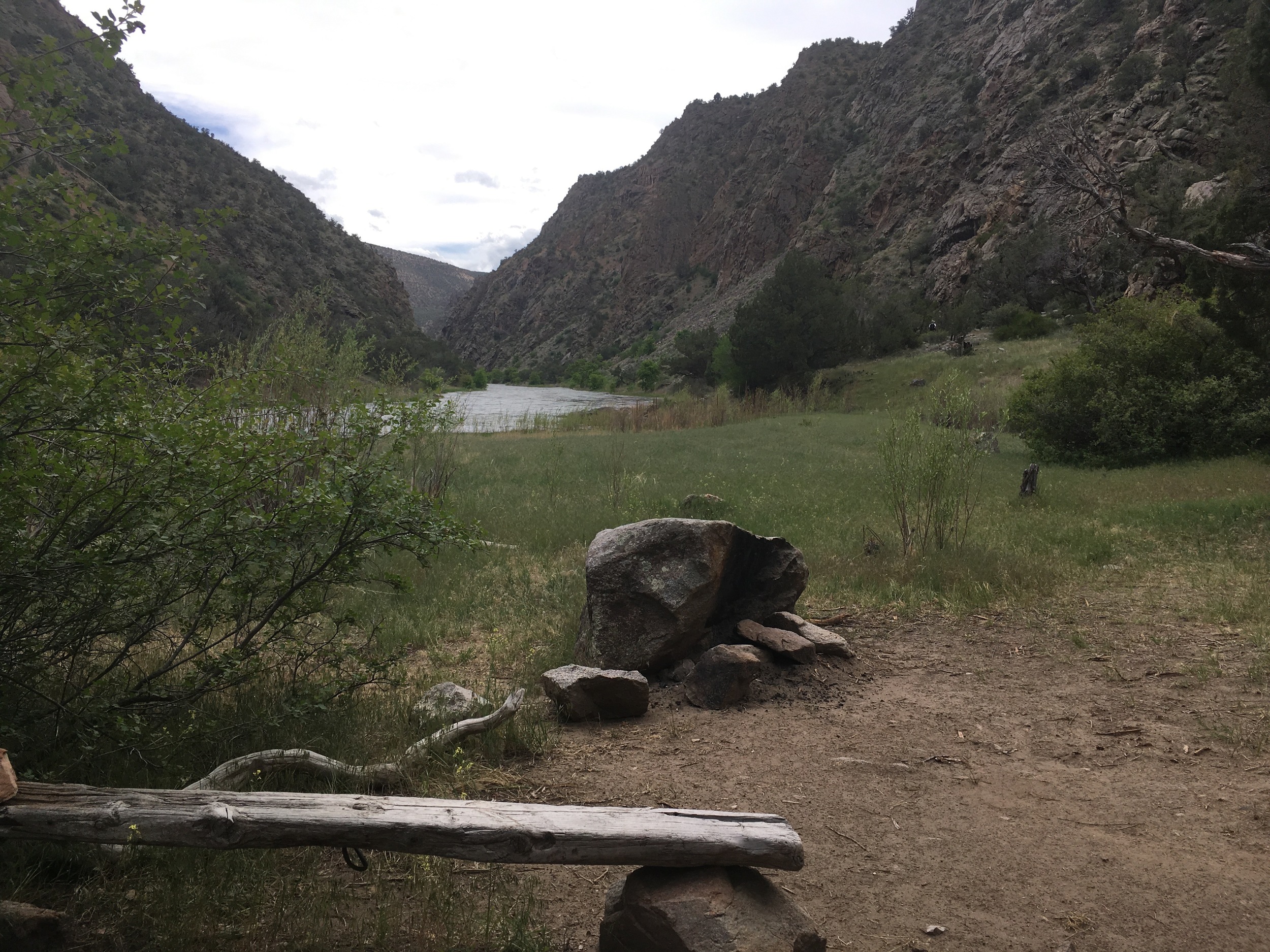 The Duncan backcountry campsite. The small, sunken stone and wood frame of the original cabin lies further back near the point where the trail meets the canyon floor.