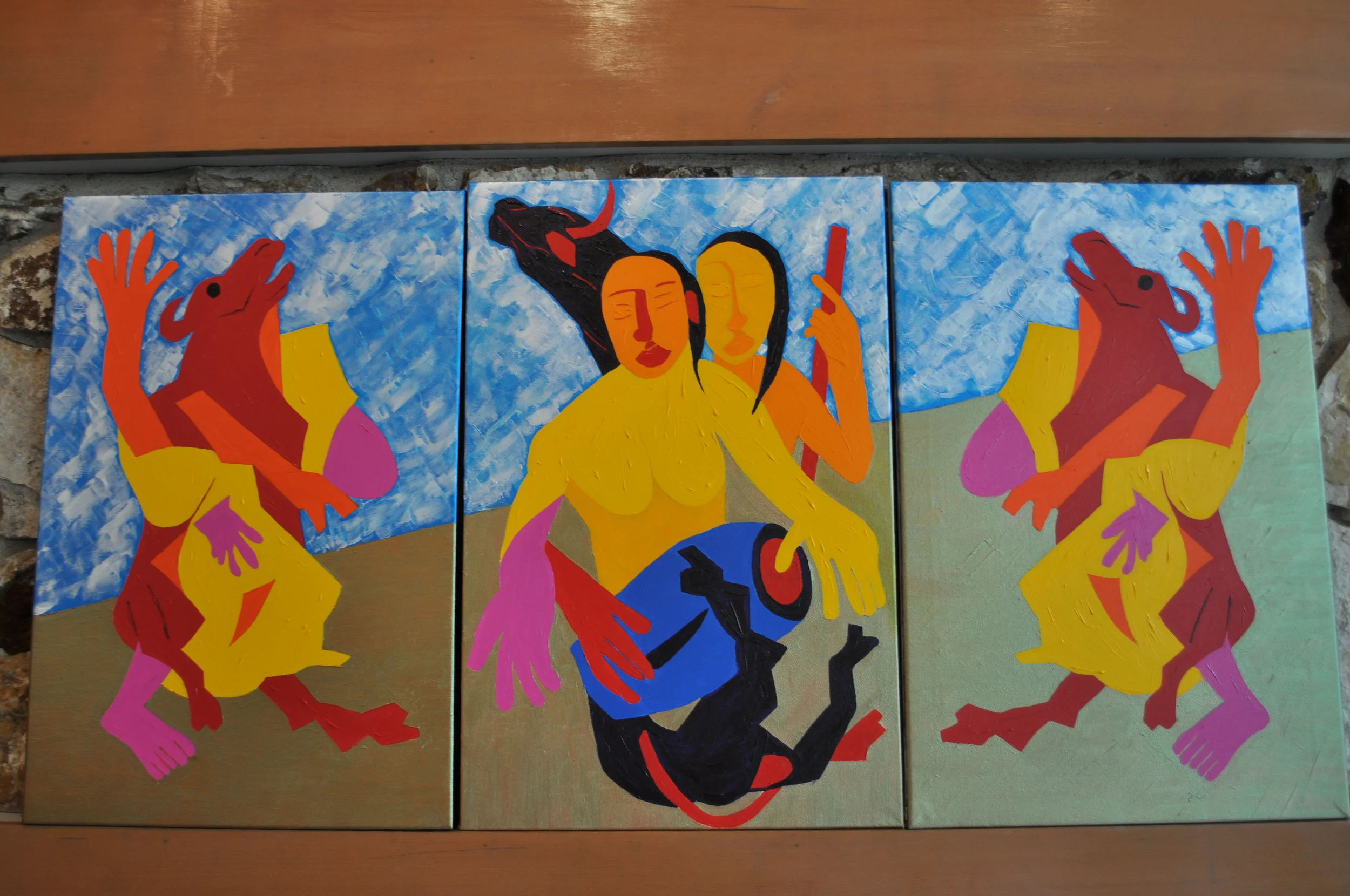 Tryptch - Dancing Bulls - Acrylic on Canvas - 60"x30" 