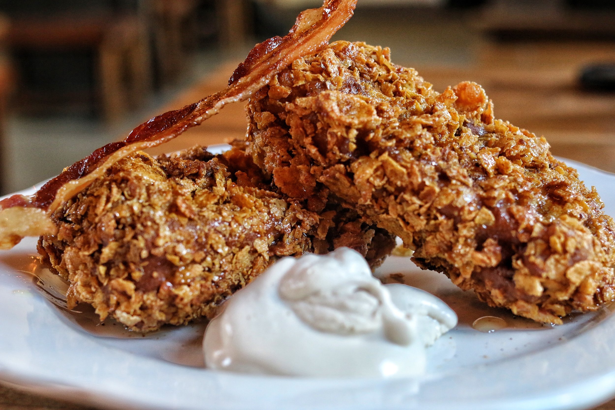  cornflake crusted french toast with bacon 