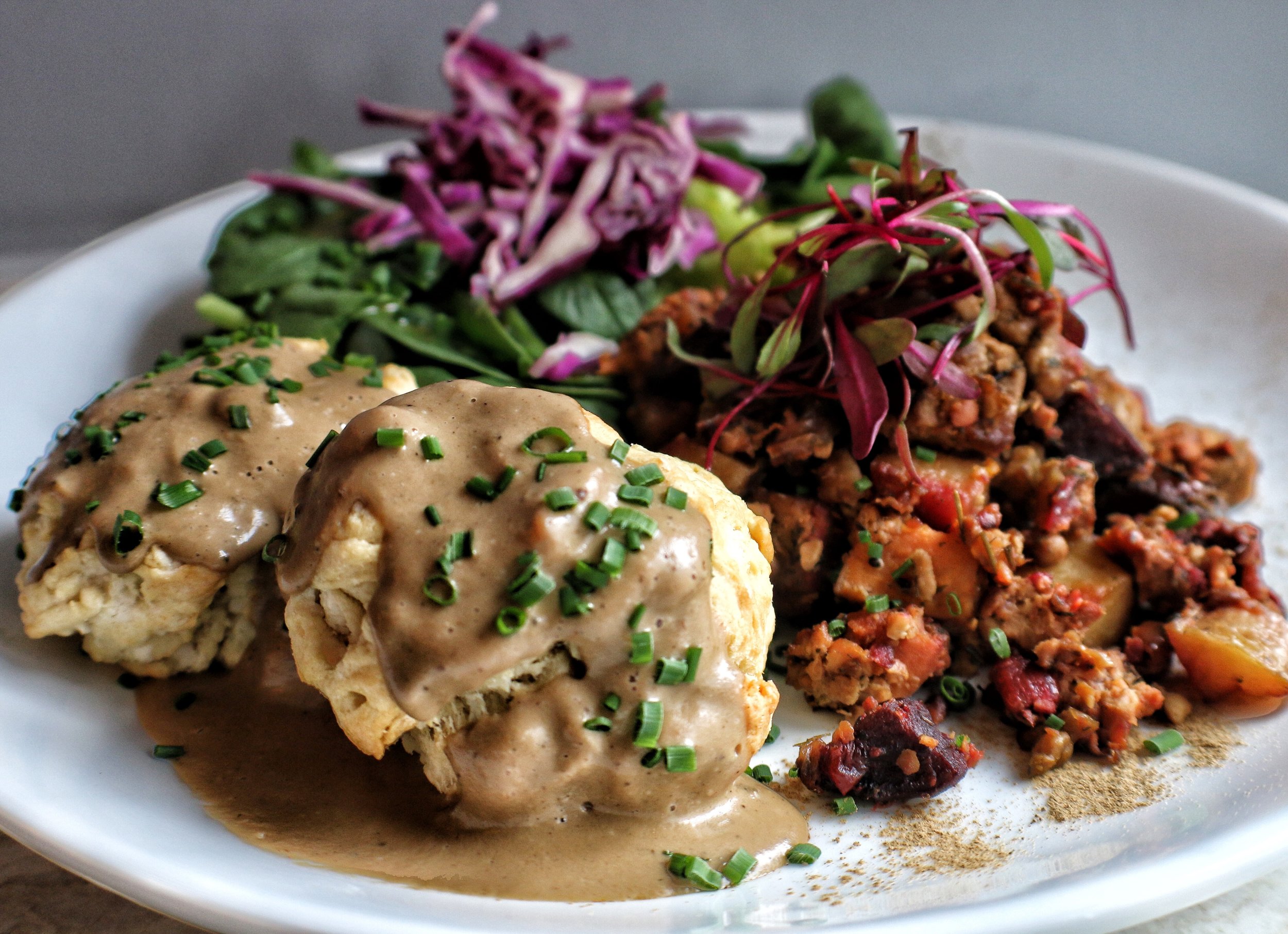  Biscuits &amp; Gravyporcini gravy, olive oil biscuits, red flannel tempeh, hash, baby greens salad 